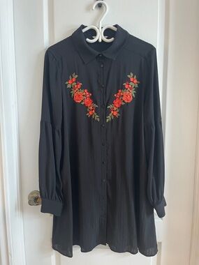 Jack by BB Dakota Black Button-Up Blouse with Red Floral Embroidery